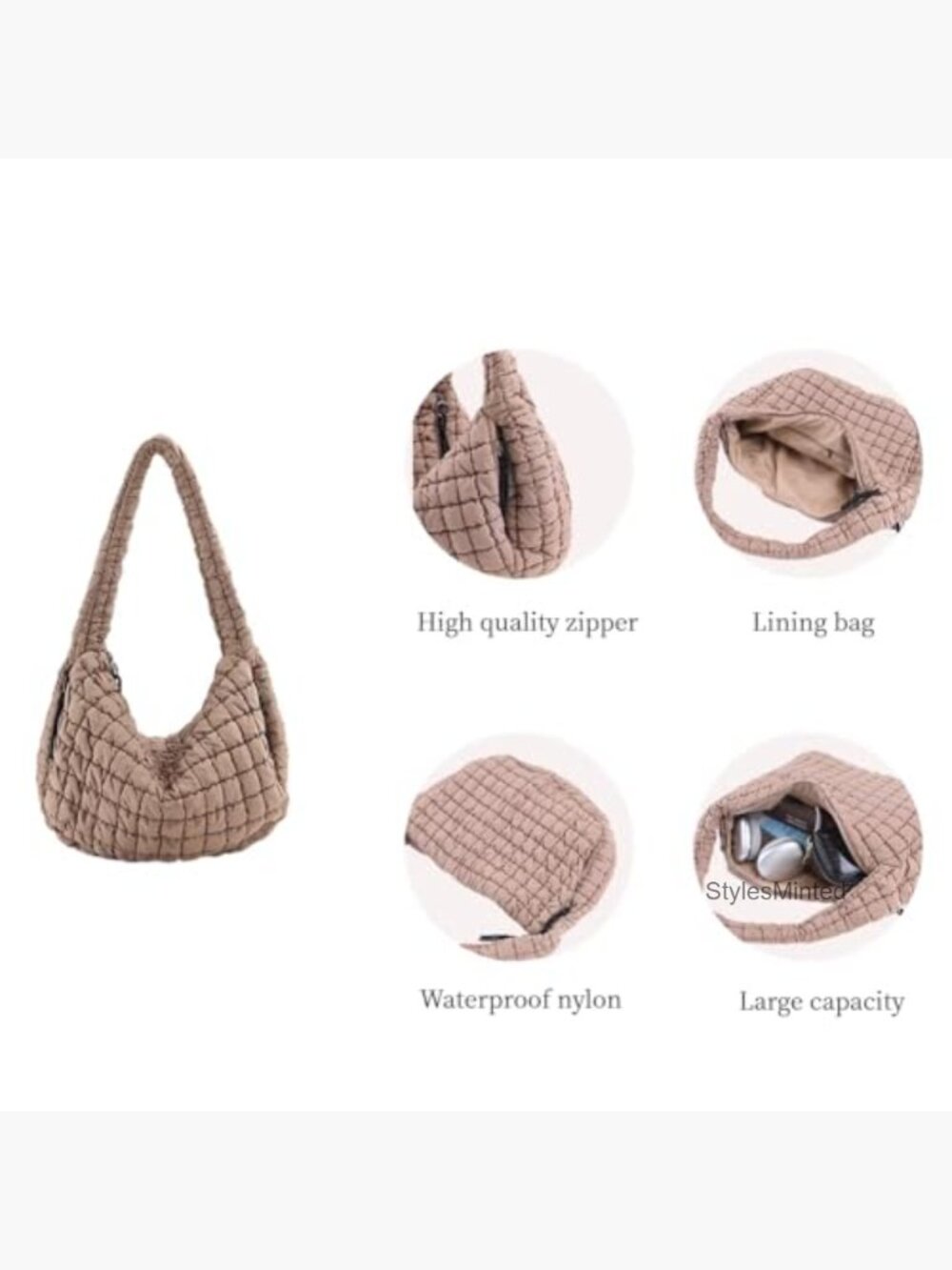 Quilted Nylon Puffer Tote Bag Large Hobo Crossbody Shoulder Bag 17" - Picture 5 of 7